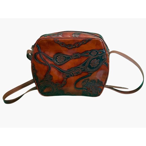 Vintage Leather Crossbody Bag With Chain Print & Brown Adjustable Strap - Picture 2 of 4